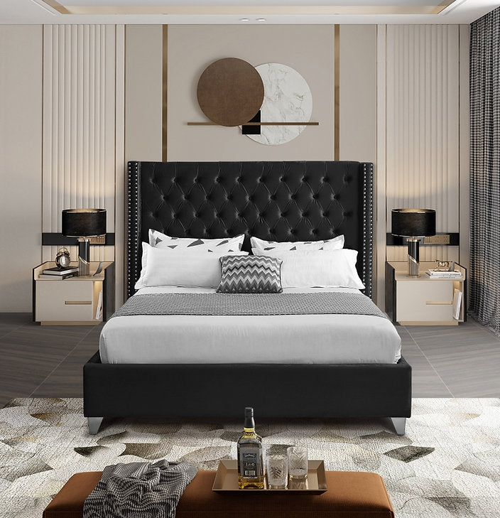 IF-5893 Bed, Black, Velvet Fabric, Tufted Headboard