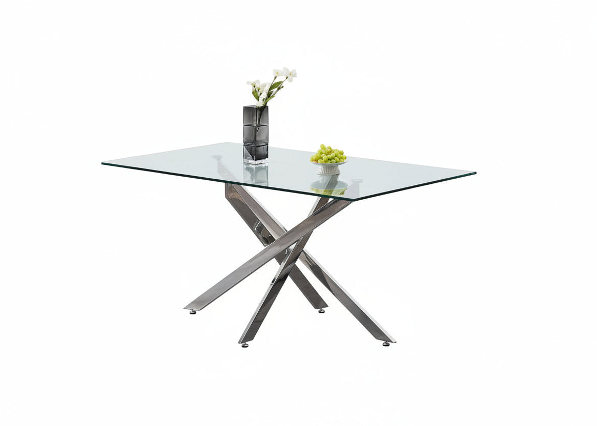 T-1448 | C-1575 Dining Set, 7 Pc, 63" Table + 6 Chairs, Chrome + Glass Table, Chrome + White Chairs