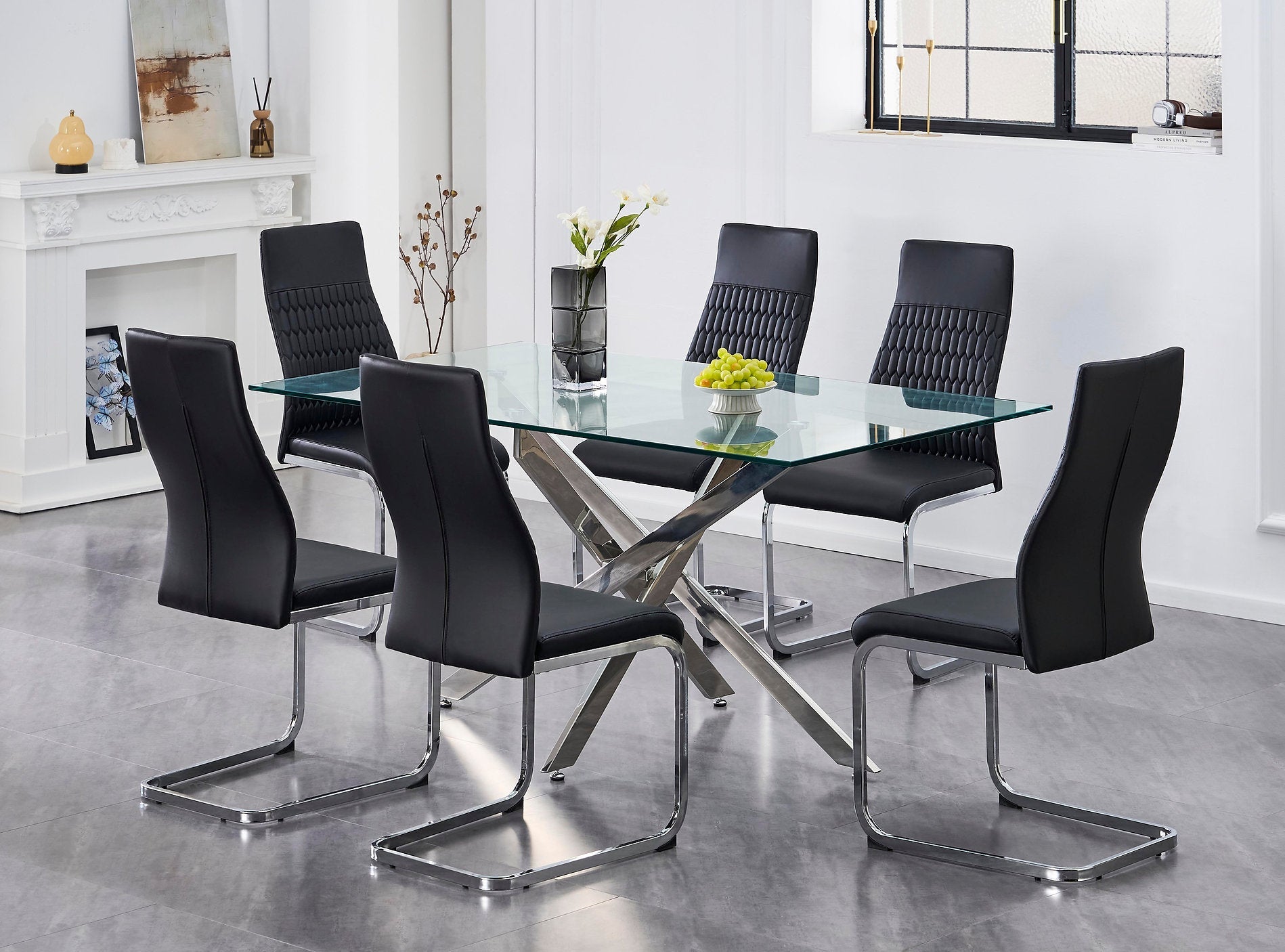 T-1448 | C-1579 Dining Set, 7 Pc, 63" Table + 6 Chairs, Chrome + Glass Table, Black + Black Chairs