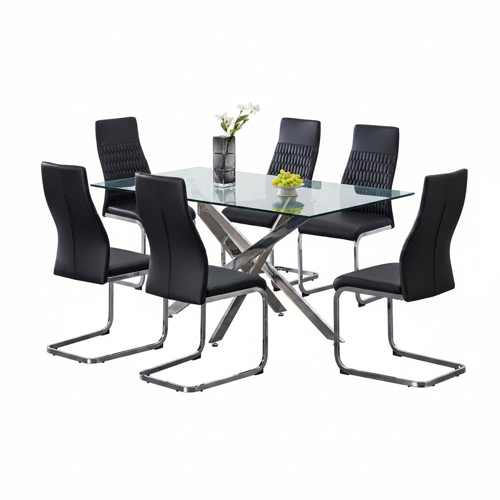T-1448 | C-1579 Dining Set, 7 Pc, 63" Table + 6 Chairs, Chrome + Glass Table, Black + Black Chairs