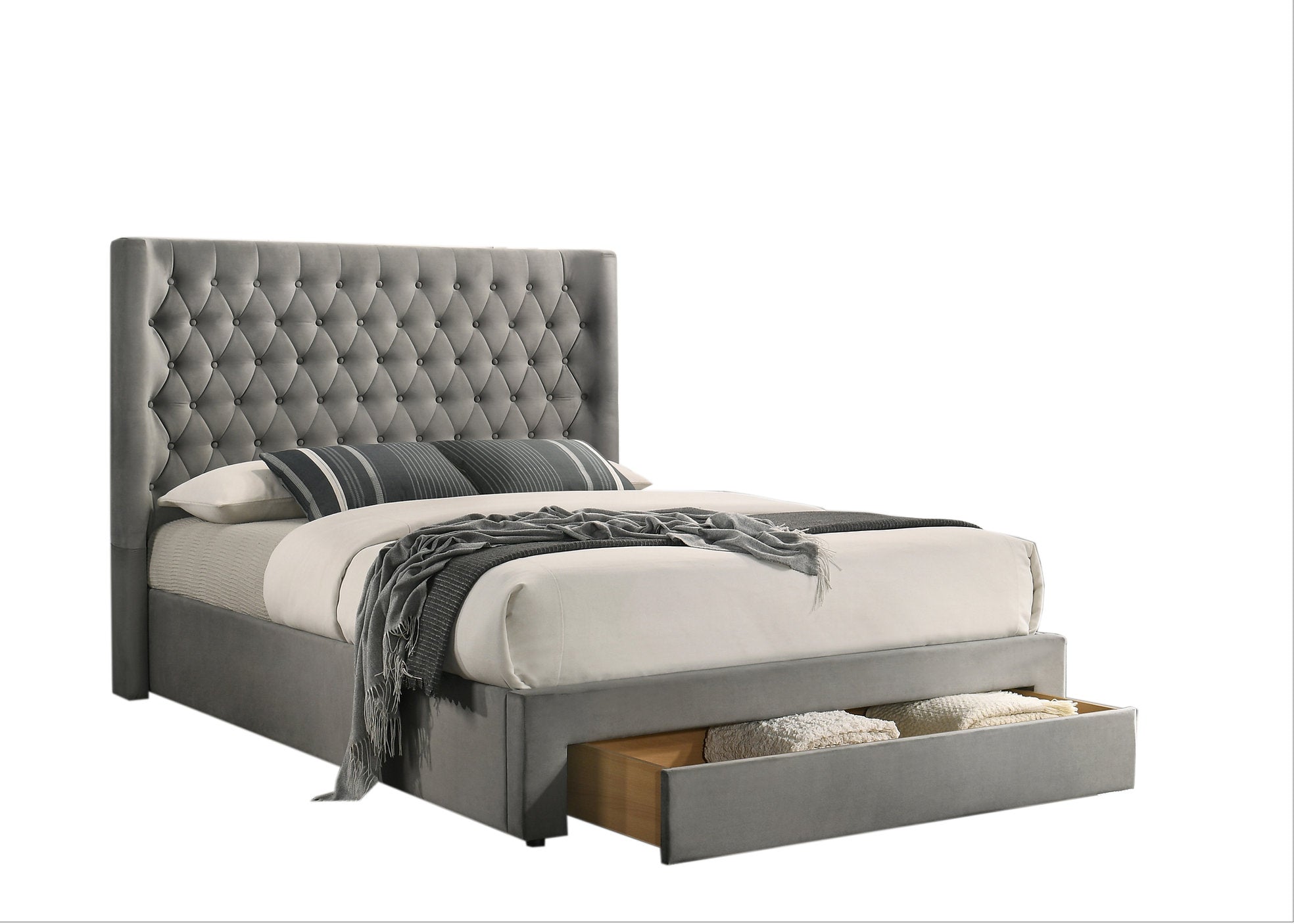 IF-5761  Bed, Sliver Grey, Velvet, Tufted Headboard, Storage Drawer