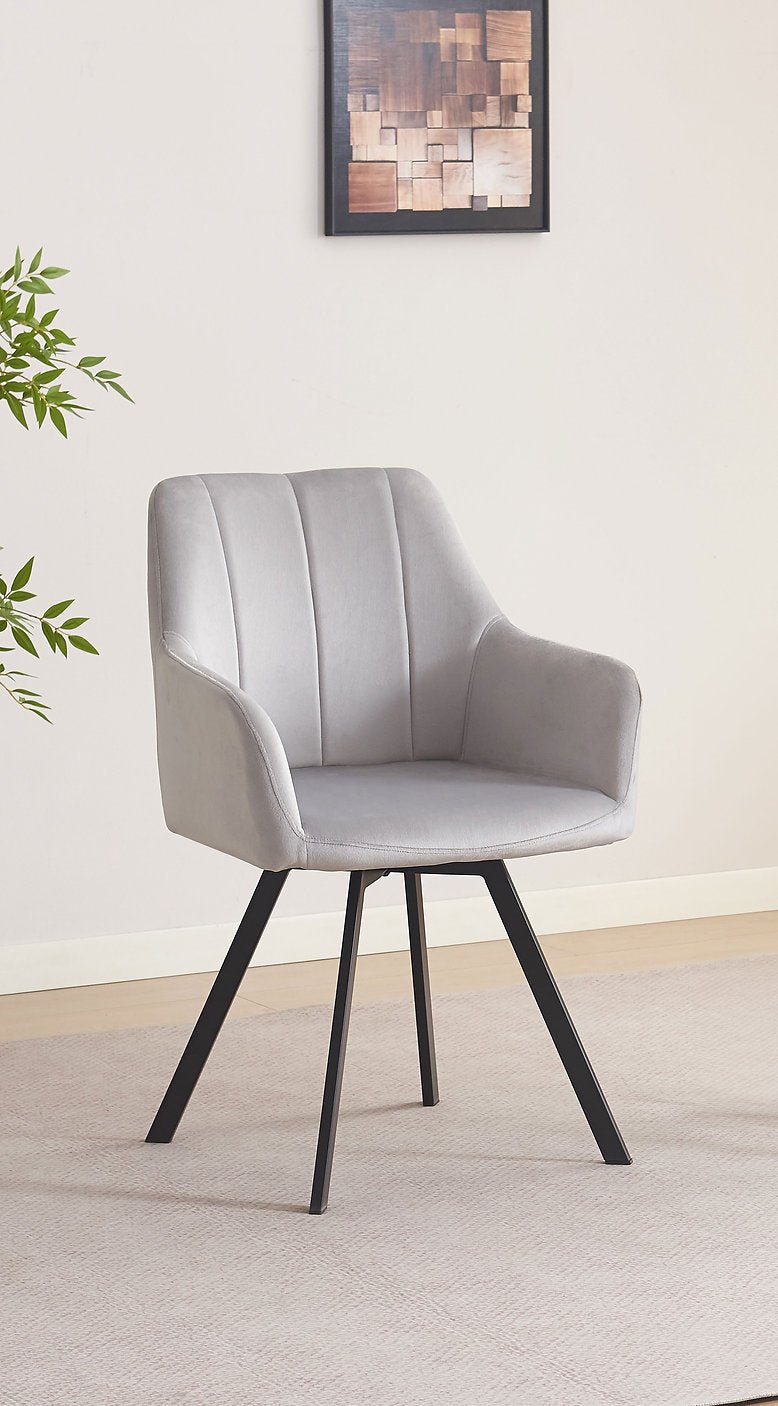 C-1411 Dining Chair, Light Grey, Velvet, 360 Degree Swivel, Vertical Stitching on Back,  Set of 2