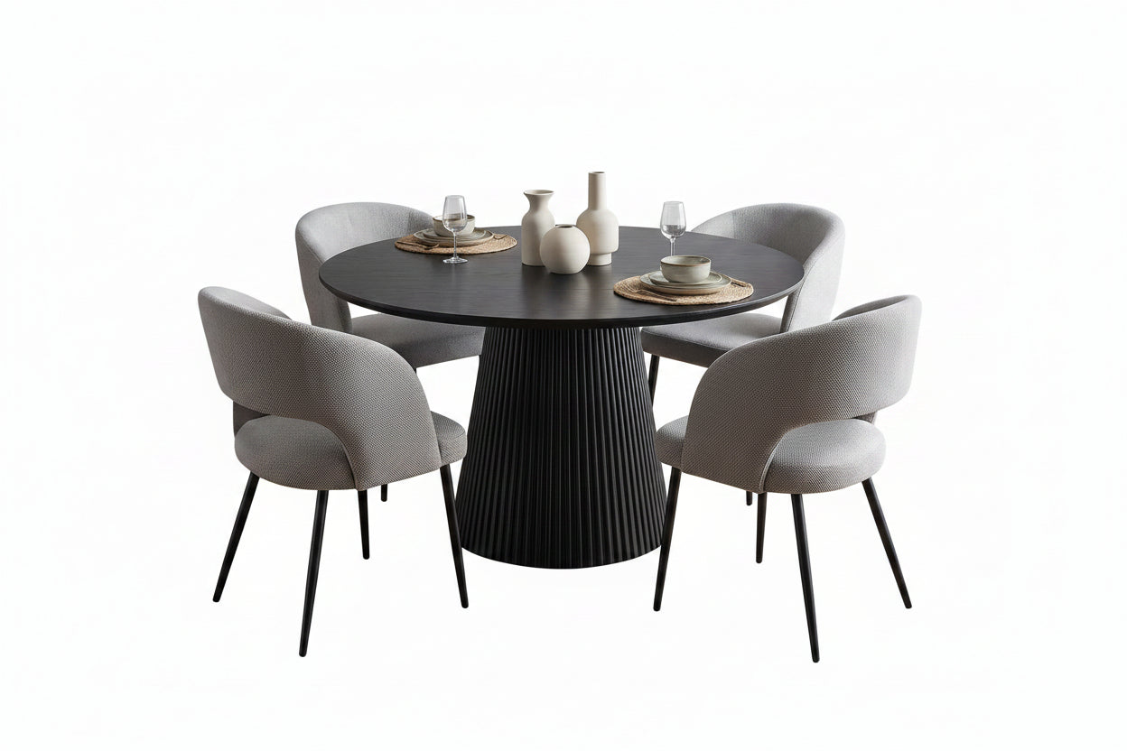 T-1642 | C-1645 Dining Set, 5Pc, Grey Chairs, 48" Black Round Table, Fluted Base