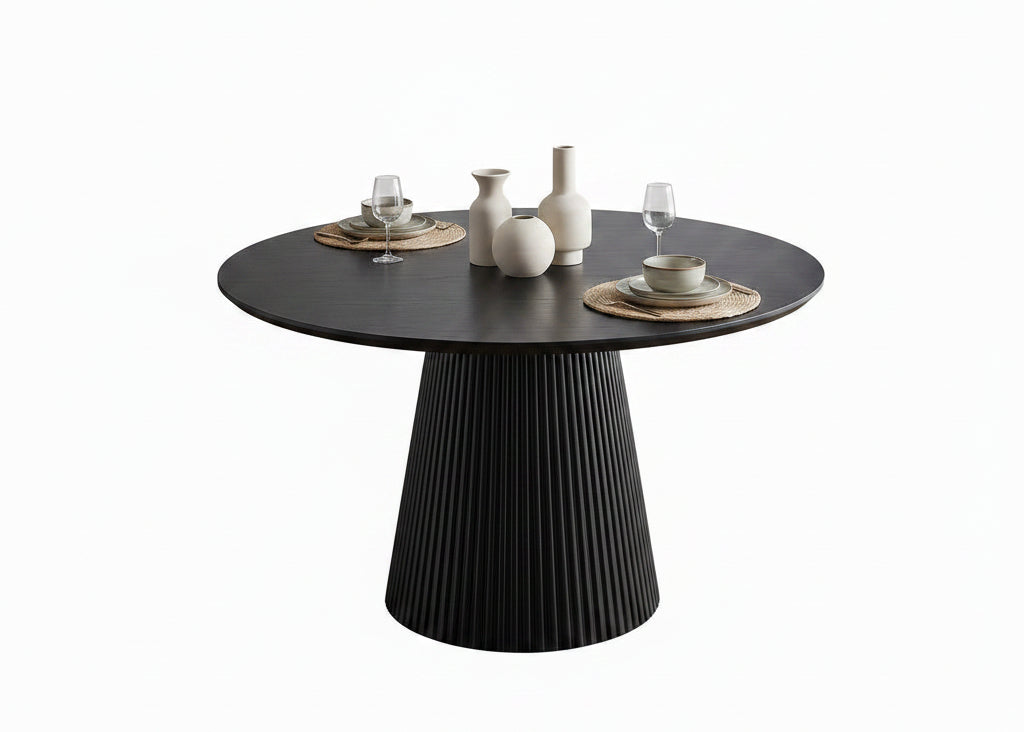 T-1642 | C-1644 Dining Set, 5Pc, Beige Chairs, 48" Black Round Table, Fluted Base