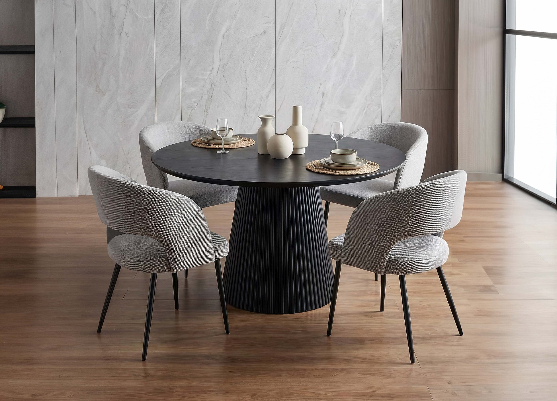 T-1642 | C-1645 Dining Set, 5Pc, Grey Chairs, 48" Black Round Table, Fluted Base