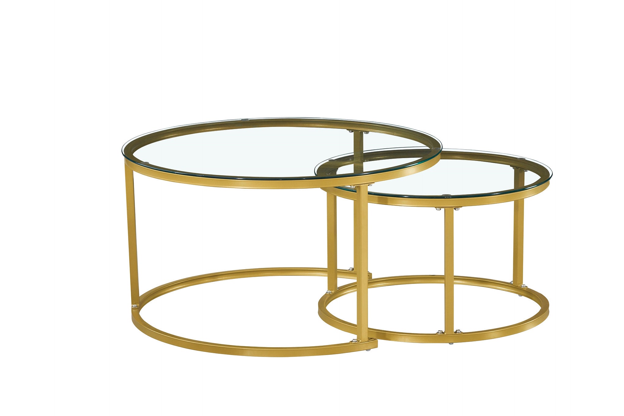 IF-2612 Coffee Tables, 2Pc Set, Nesting, 32" Round, 24" Round, Gold Steel Frames with Tempered Glass Tops