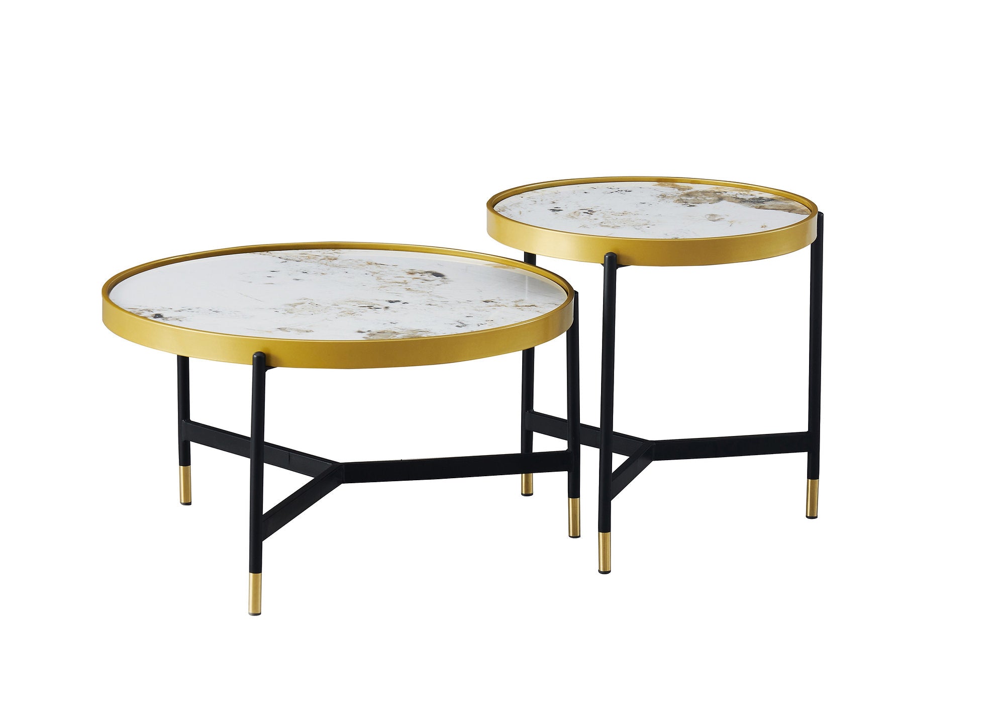 IF-2625 Coffee Table Set, 2Pc, Nested, Sintered Stone Pandora Marble Top, Black and Gold Steel Base