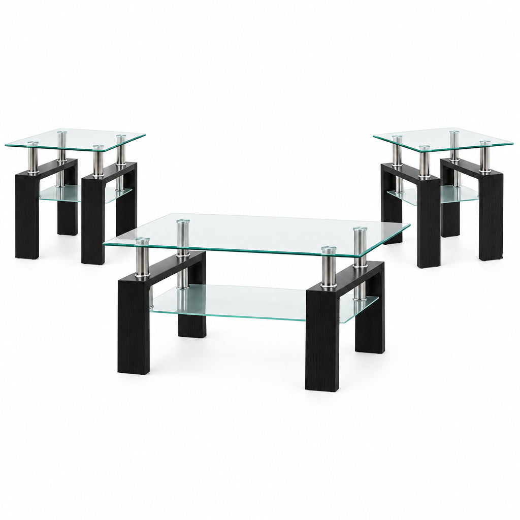 IF-2064 Coffee Table Set, 3Pc, Black Base, Glass Top