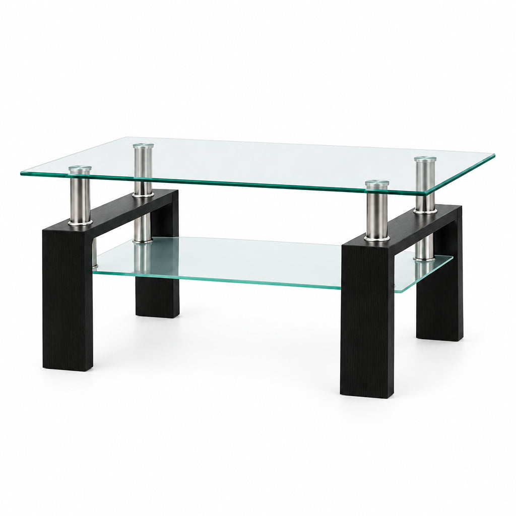 IF-2064 Coffee Table Set, 3Pc, Black Base, Glass Top