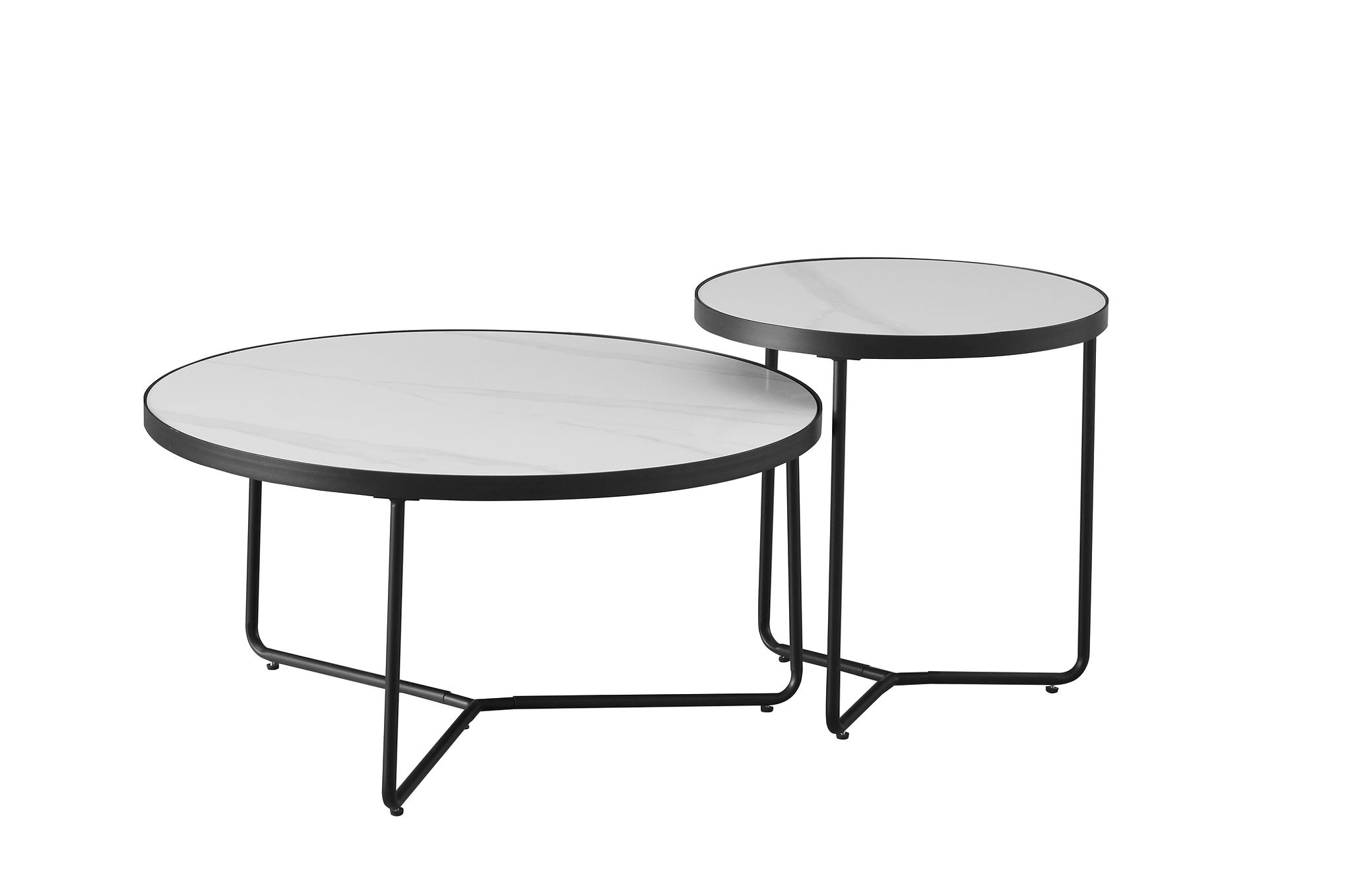 IF-2620 Coffee Table Set, 2Pc, Nested, Sintered Stone White Marble Top, Black Steel Base