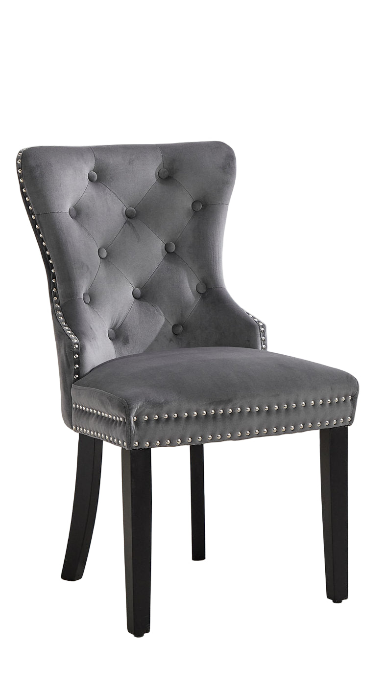 C-1225 Dining Chair, Grey, Velvet, Tufted Front, Nailhead Detail, Espresso Legs (Set of 2)