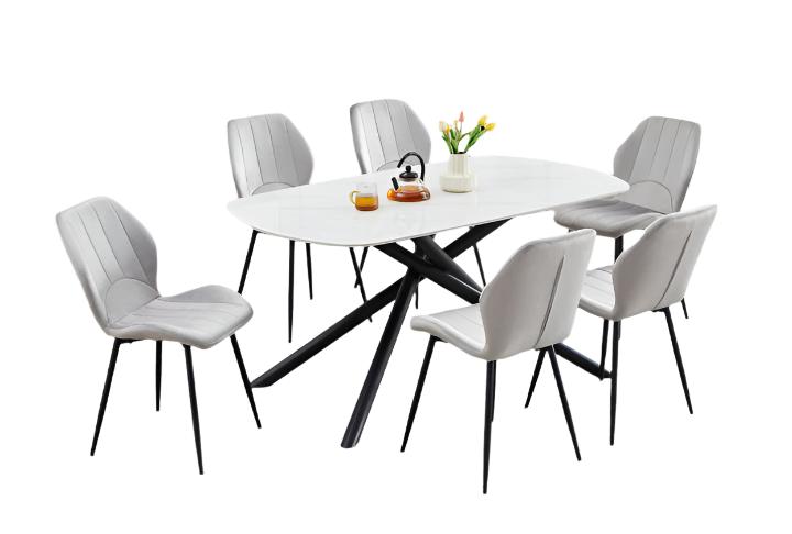 T-1530 | C-1535 Dining Set, 7Pc, 63" Table, Sintered White Marble Top, Light Grey Velvet Chairs