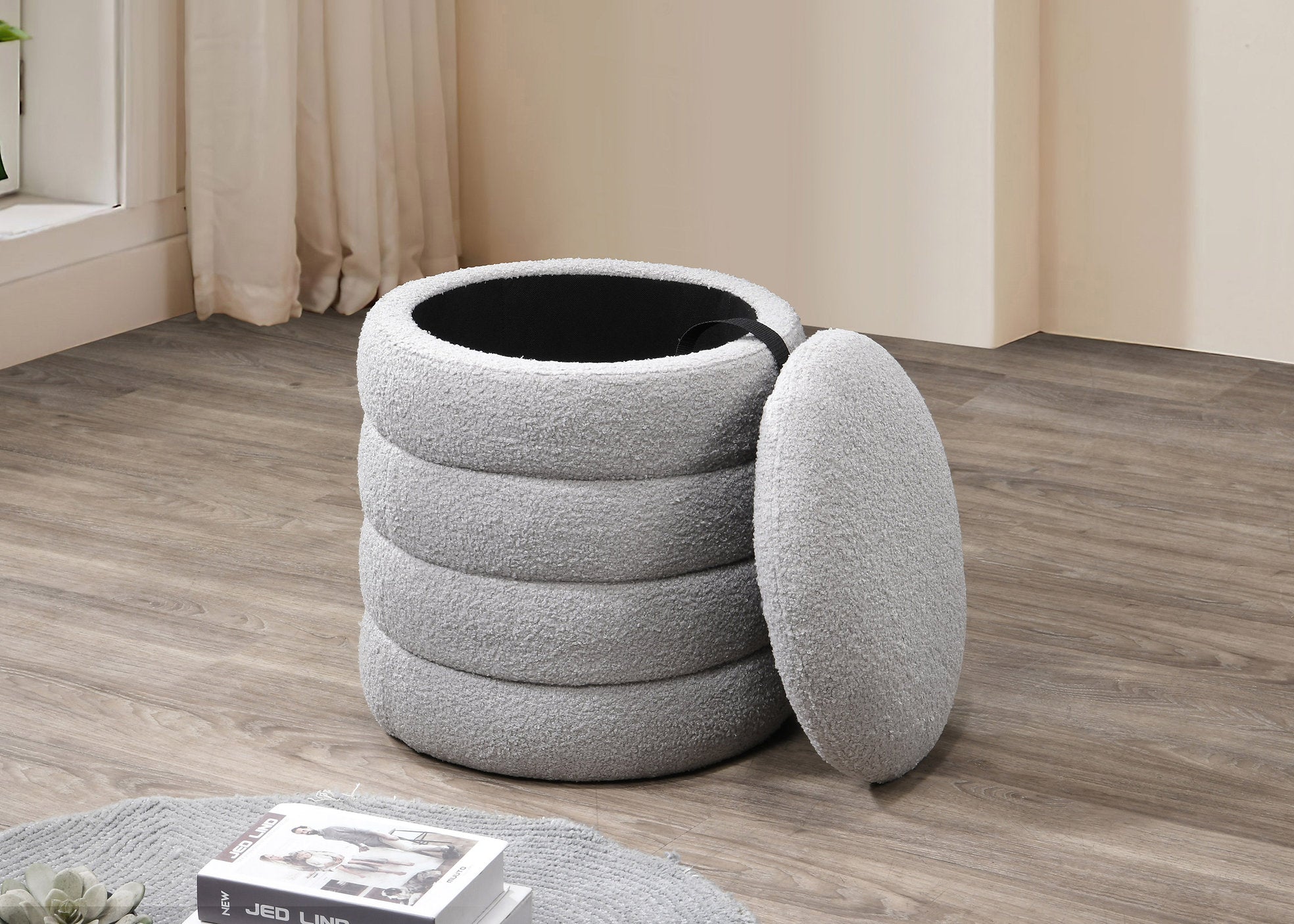 IF-6241 Ottoman / Bench, Round, 17" Diameter, Soft Grey, Teddy Bear Fabric