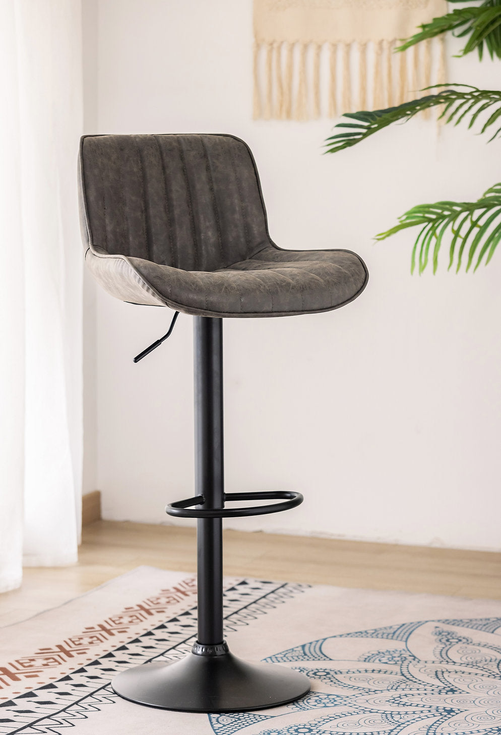 ST-7821 Barstool, Grey Faux Leather, Adjustable Height, Black Base, Footrest