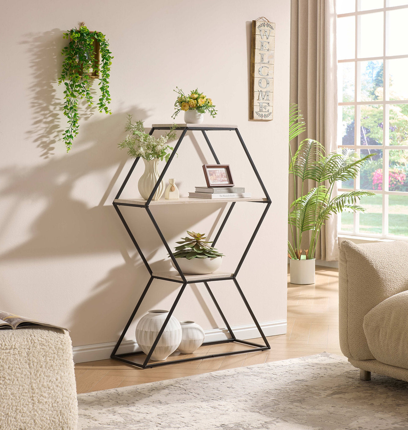 IF-3250 Display Shelf, Geometric, 3 Tier, Metal Frame, Wood-Look Shelves