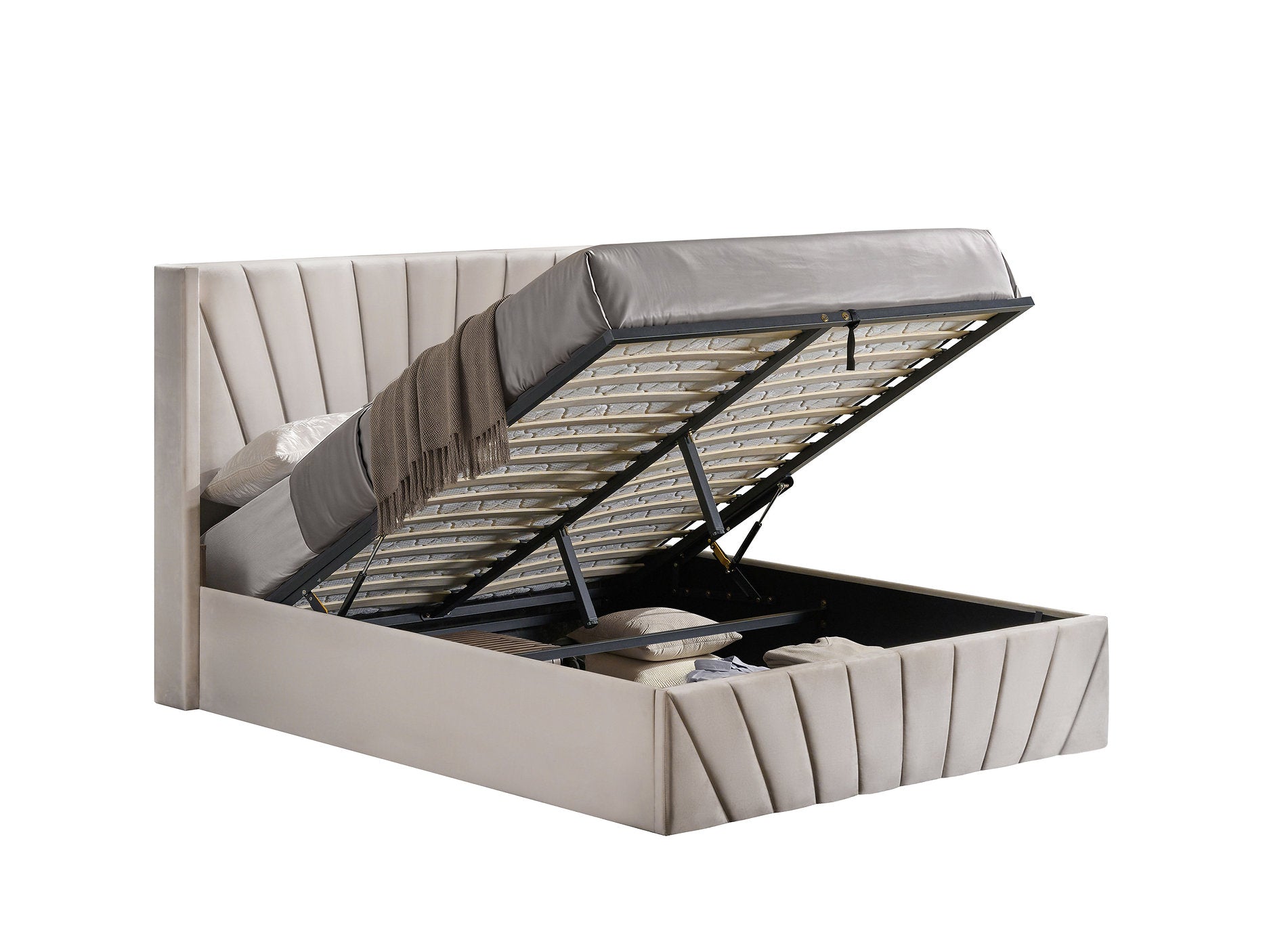 IF-5872 Lift Bed, Cream Fabric, Enclosed Storage, Elegant Fan-Tufted Headboard and Footboard
