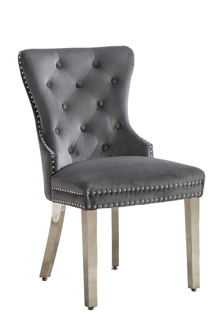 C-1245 Dining Chair, Grey, Velvet, Tufted Front, Nailhead Detail (Set of 2)