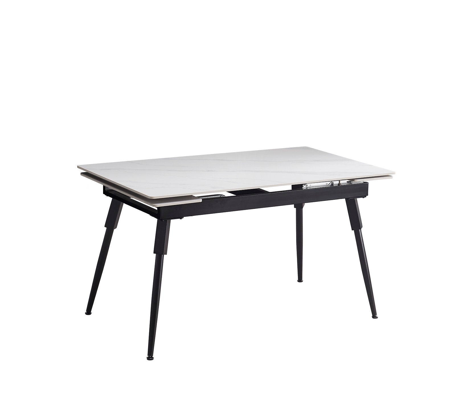 T-1818 Dining Table, Adjustable Length, 55"-75" Sintered Stone White Marble Top, Black Metal Legs