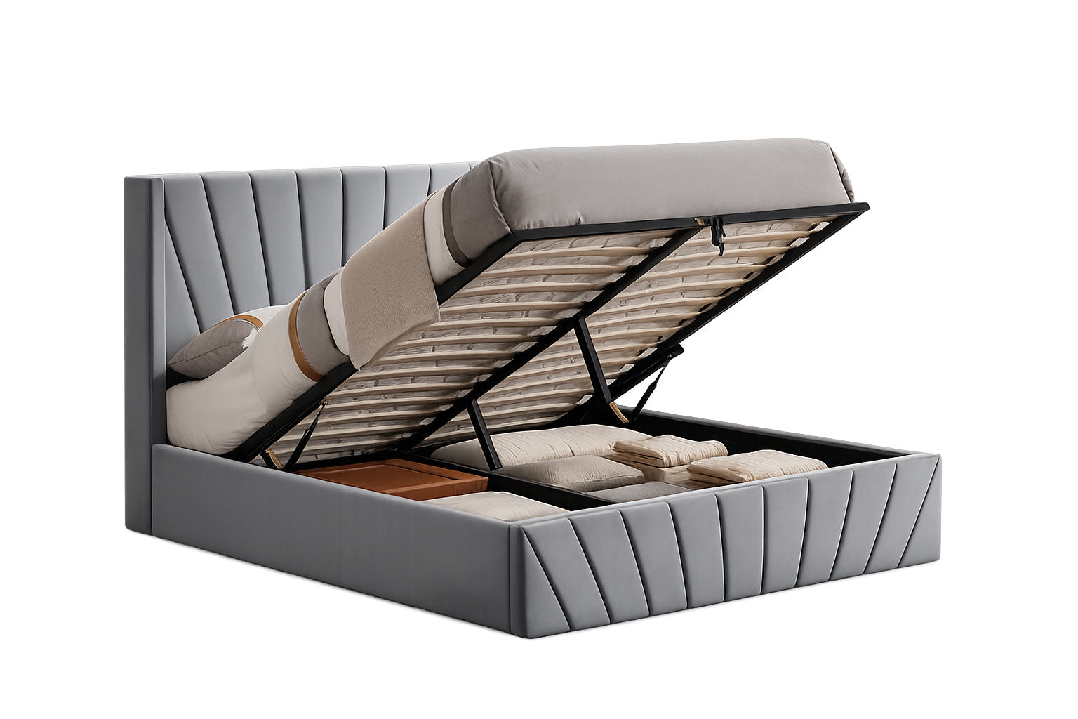 IF-5870 Lift Bed, Silver-Grey Velvet, Enclosed Storage, Elegant Fan-Tufted Headboard and Footboard