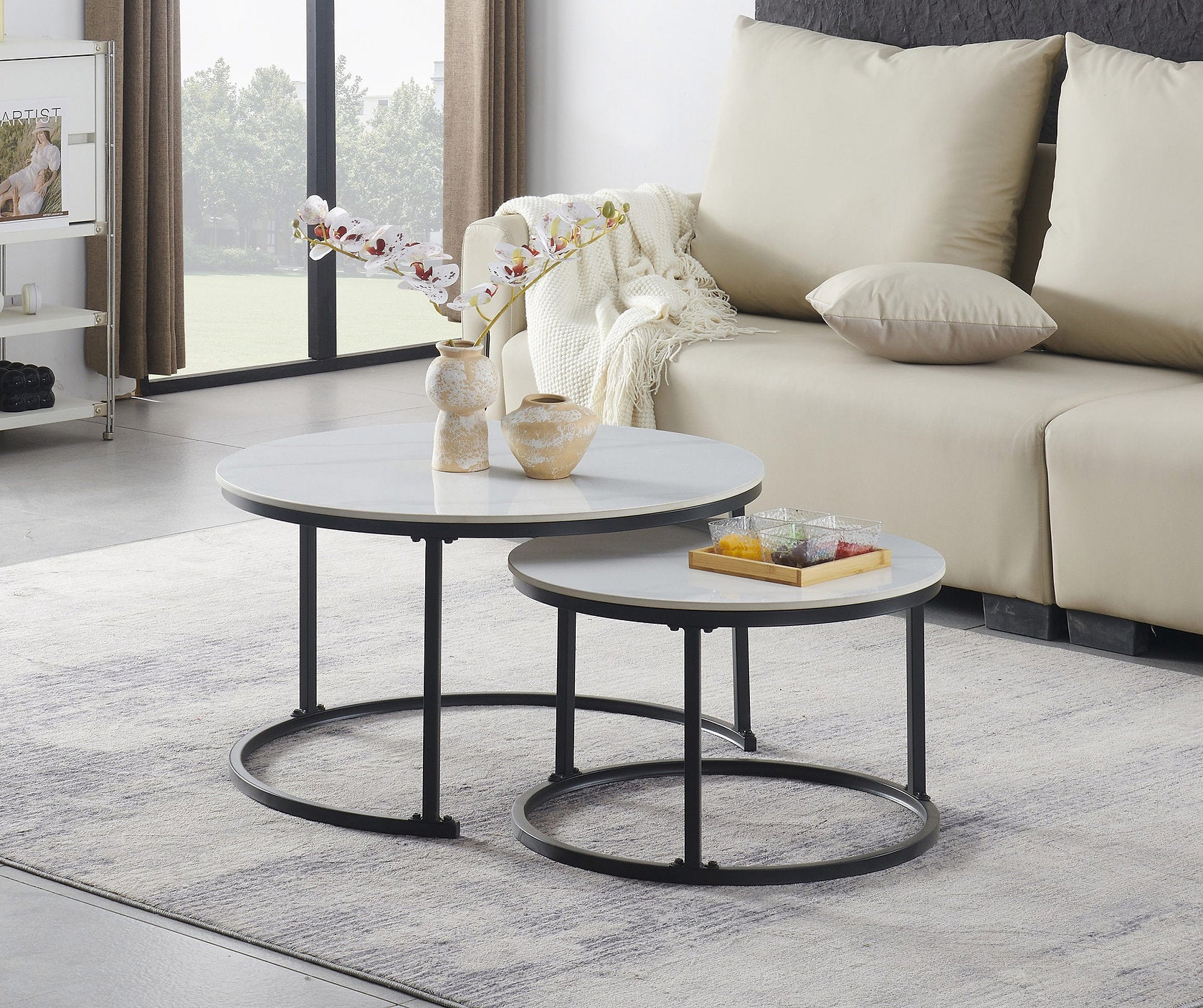 IF-2630 Coffee Table Set, 2Pc, Nested, Sintered Stone White Marble Top, Black Steel Base