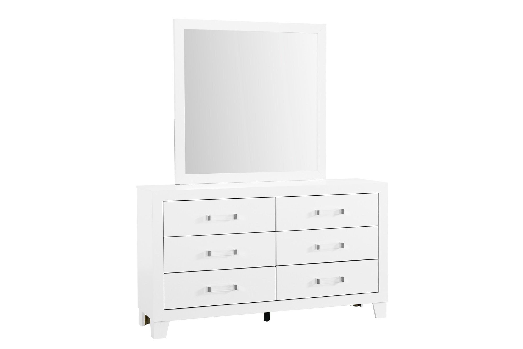 "LUCIA" Dresser + Mirror, White, Modern Acrylic Drawer Hardware
