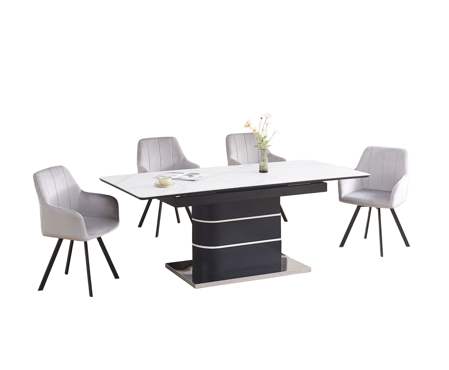T-1410 | C-1411 Dining Set, 7Pc, Extension Table, 63"-79", Sintered Stone Top, White Marble, Light Grey Swivel Chairs