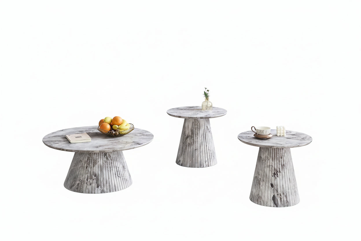 IF-2682 Coffee Table Set, 3Pc, Round Top, Grey Marble Look, Fluted Cone Base