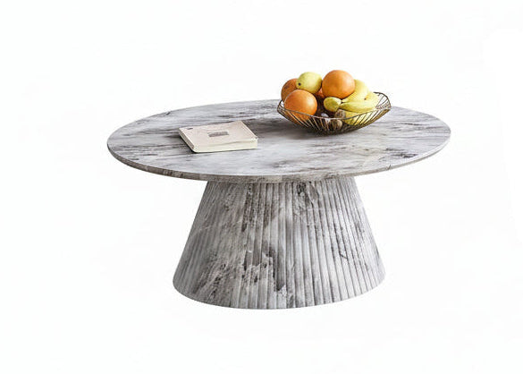 IF-2682 Coffee Table Set, 3Pc, Round Top, Grey Marble Look, Fluted Cone Base