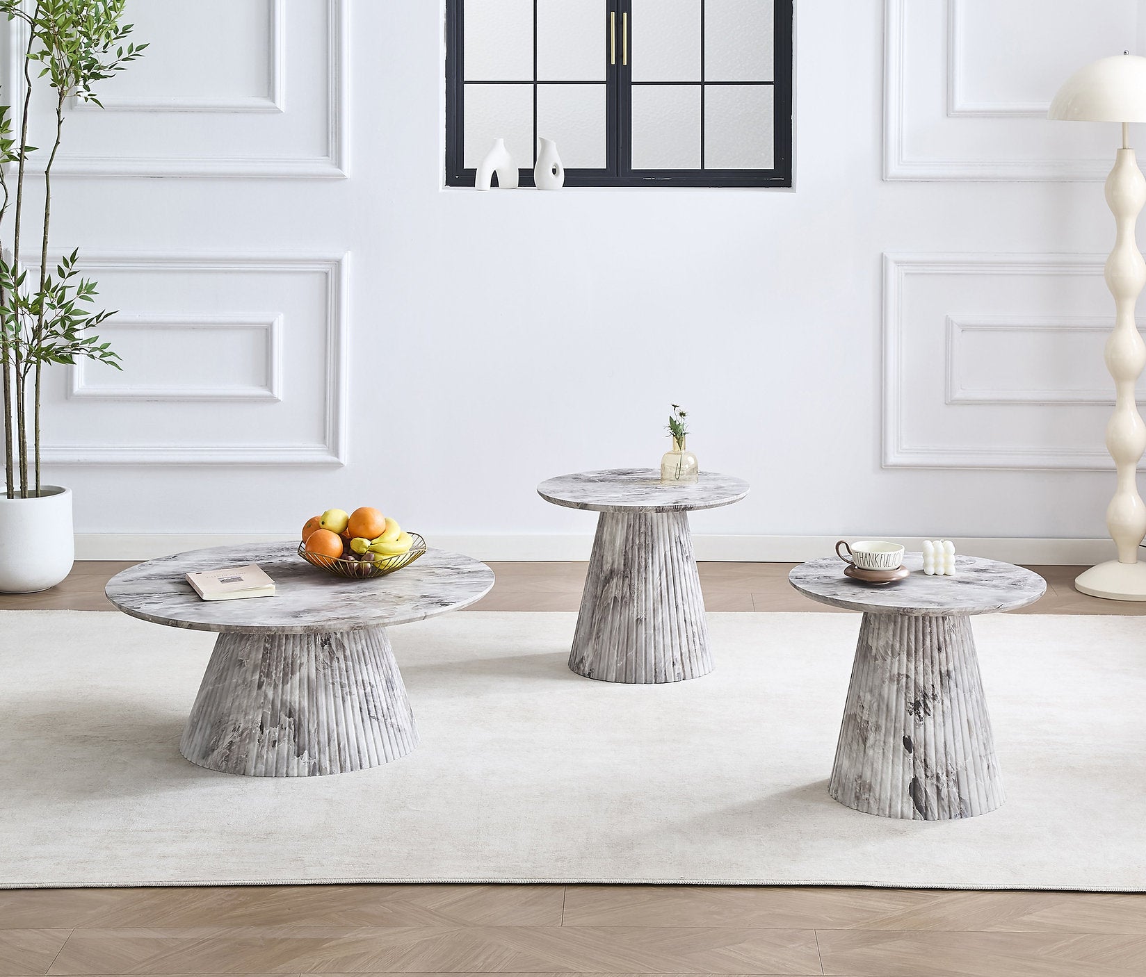 IF-2682 End Table, Round Top, Grey Marble Look, Fluted Cone Base, Sold Each
