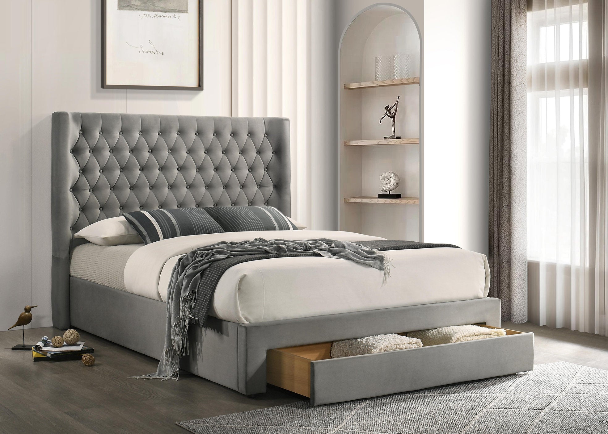 IF-5761  Bed, Sliver Grey, Velvet, Tufted Headboard, Storage Drawer