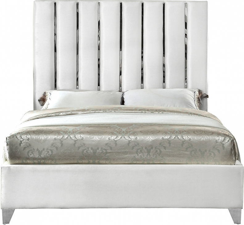 IF-5622 Bed, White, Fabric, Chrome Vertical Channel Headboard