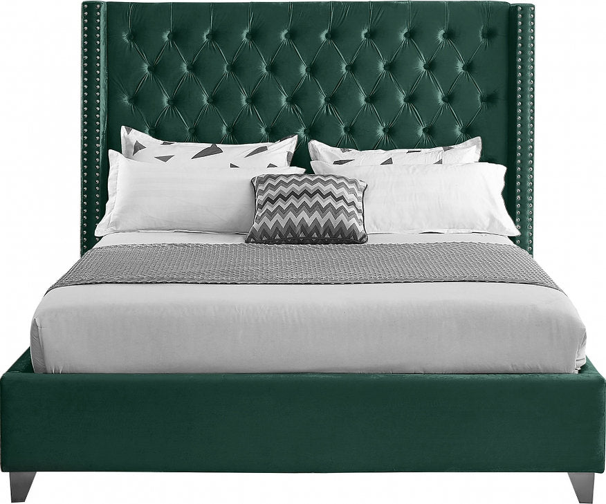 IF-5894 Bed, Green, Velvet, Wing Style Pattern Headboard