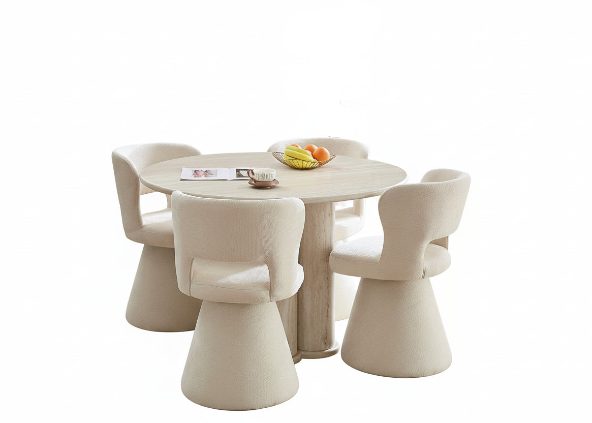 T-1435 C-1436 Dining Set, 5 Pc, 48" Round Table + 4 Chairs, Light Travertine-Look Finish