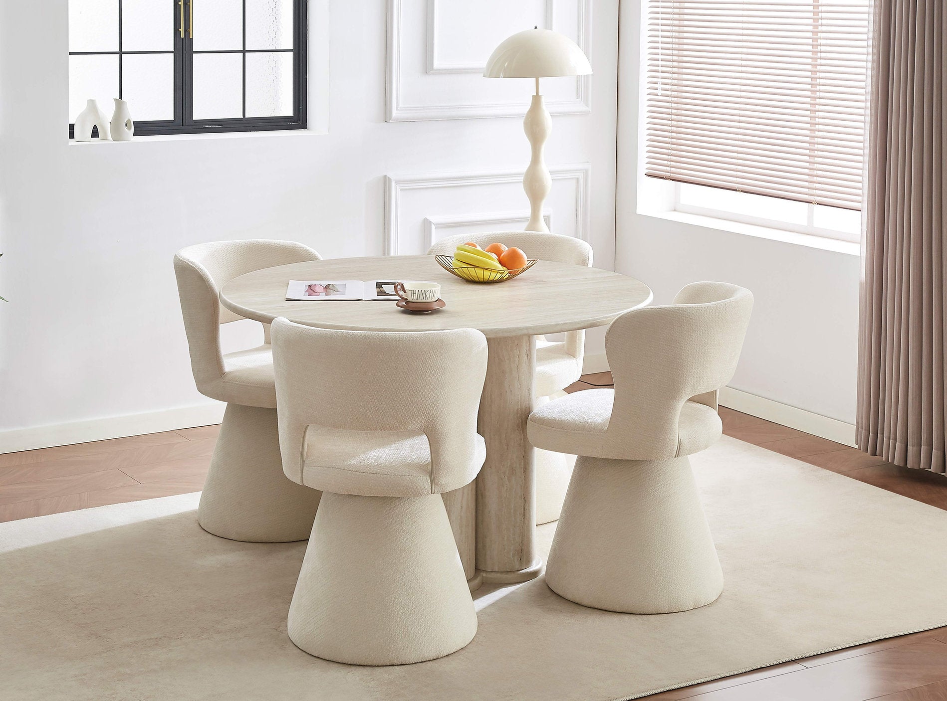 T-1435 C-1436 Dining Set, 5 Pc, 48" Round Table + 4 Chairs, Light Travertine-Look Finish