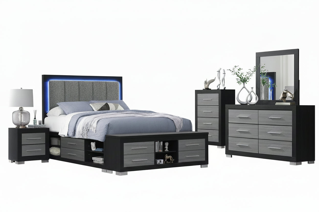 "EMMA" Deluxe Bedroom Set, 6Pc, Black Grey, LED Lighting, USB Charging, Built in Bench