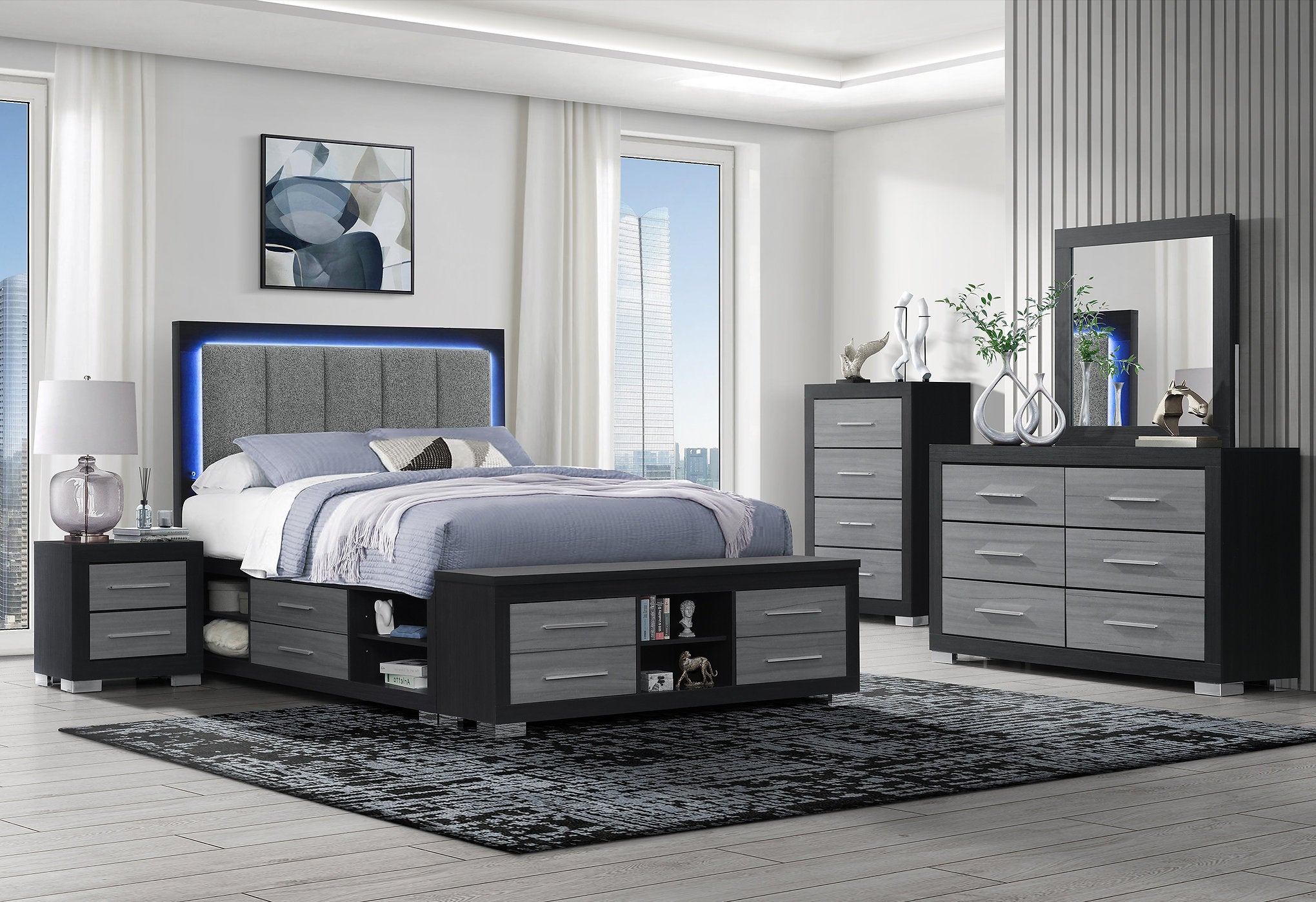 "EMMA" Deluxe Bedroom Set, 6Pc, Black Grey, LED Lighting, USB Charging, Built in Bench