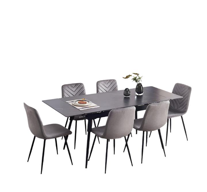 T-1817 | C-1817 Dining Set, 7Pc, Extension Table 55"-75", Sintered Stone Black Marble Top, Grey Velvet Chairs