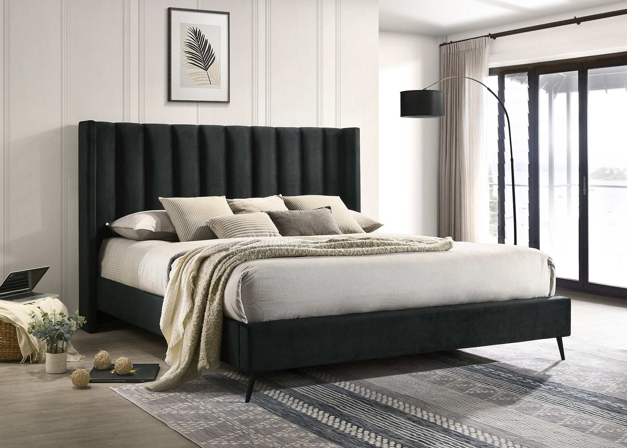 IF-5231 Bed, Black Velvet, Wing Bed, Vertical Tufted Headboard