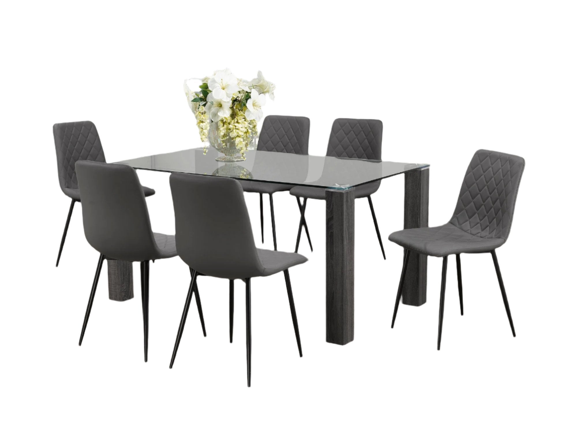 T-1449 | C-1712 - 5Pc or 7Pc Dining Set, 59" Glass Table with Grey Chairs