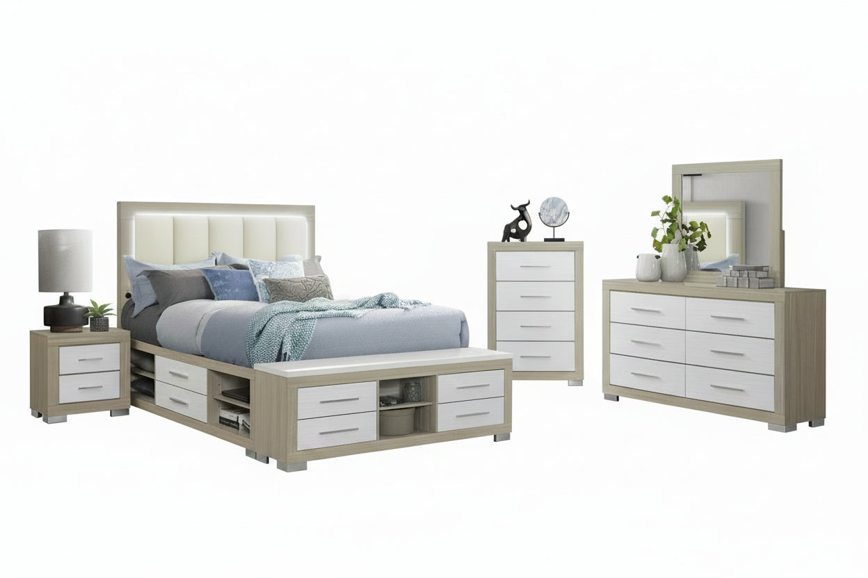 "EMMA" Deluxe Bedroom Set, 6Pc, Natural White, LED Lighting, USB Charging, Built in Bench