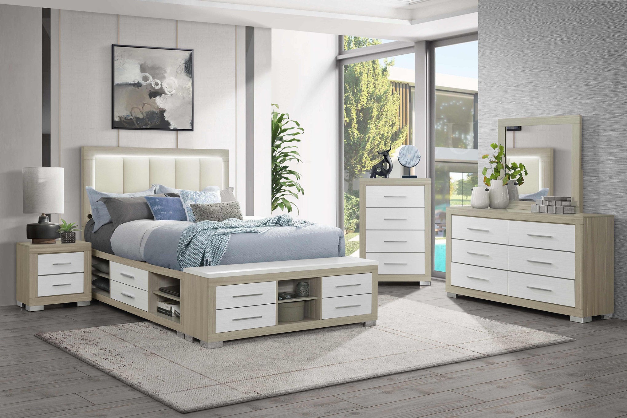 "EMMA" Deluxe Bedroom Set, 6Pc, Natural White, LED Lighting, USB Charging, Built in Bench