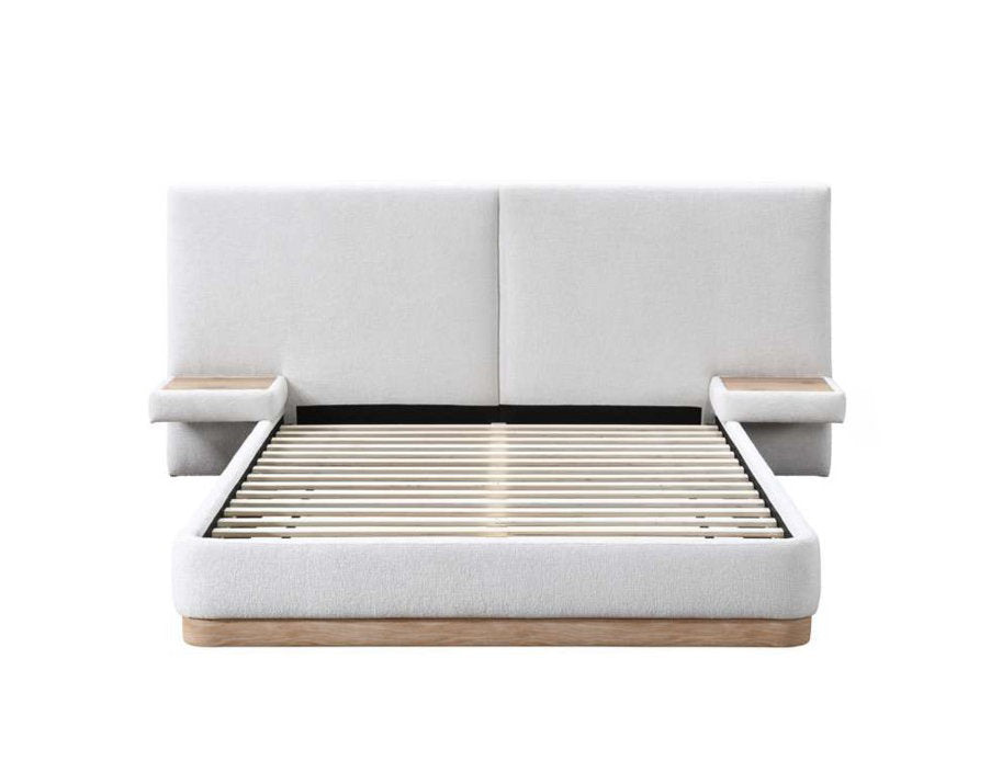 IF-5927 Bed, Tall Panel Headboard, Floating Night Stands, Ivory Fabric