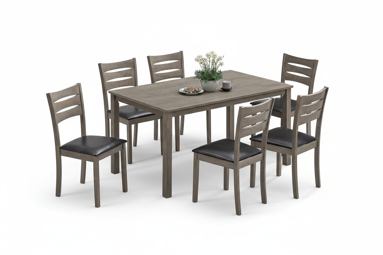 T-1051 | C-1053  Dining Set, 7 Pc, 55" Table + 6 Chairs, Antique Grey, Black Faux Leather Seat Chairs