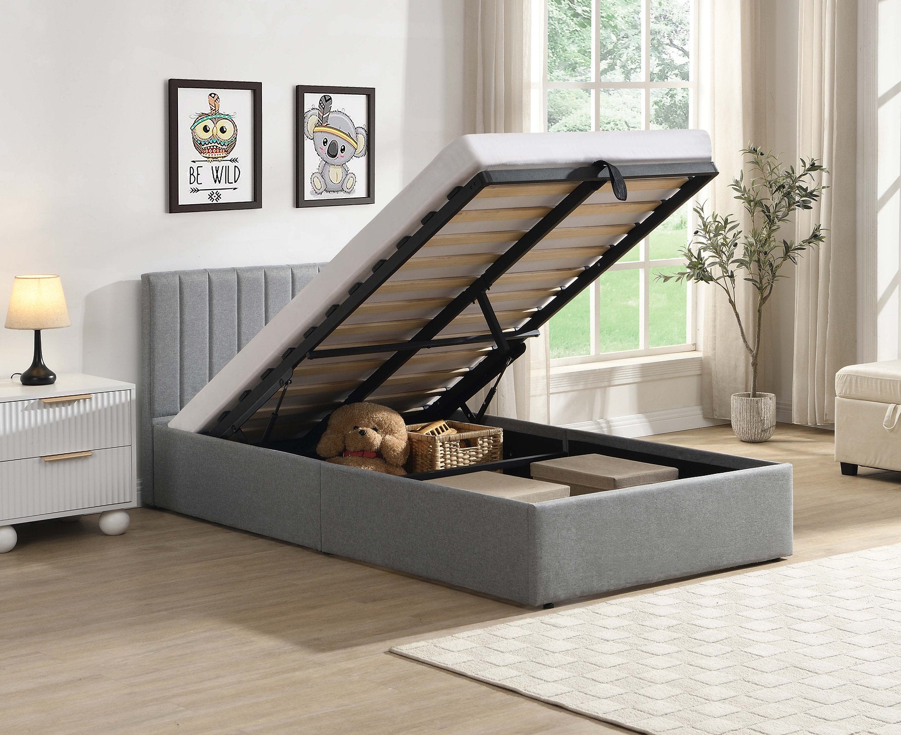 IF-5163 Lift Bed, Grey, Fabric, Vertical Tufting, Under Bed Storage, Hydraulic Lift for Easy Lifting