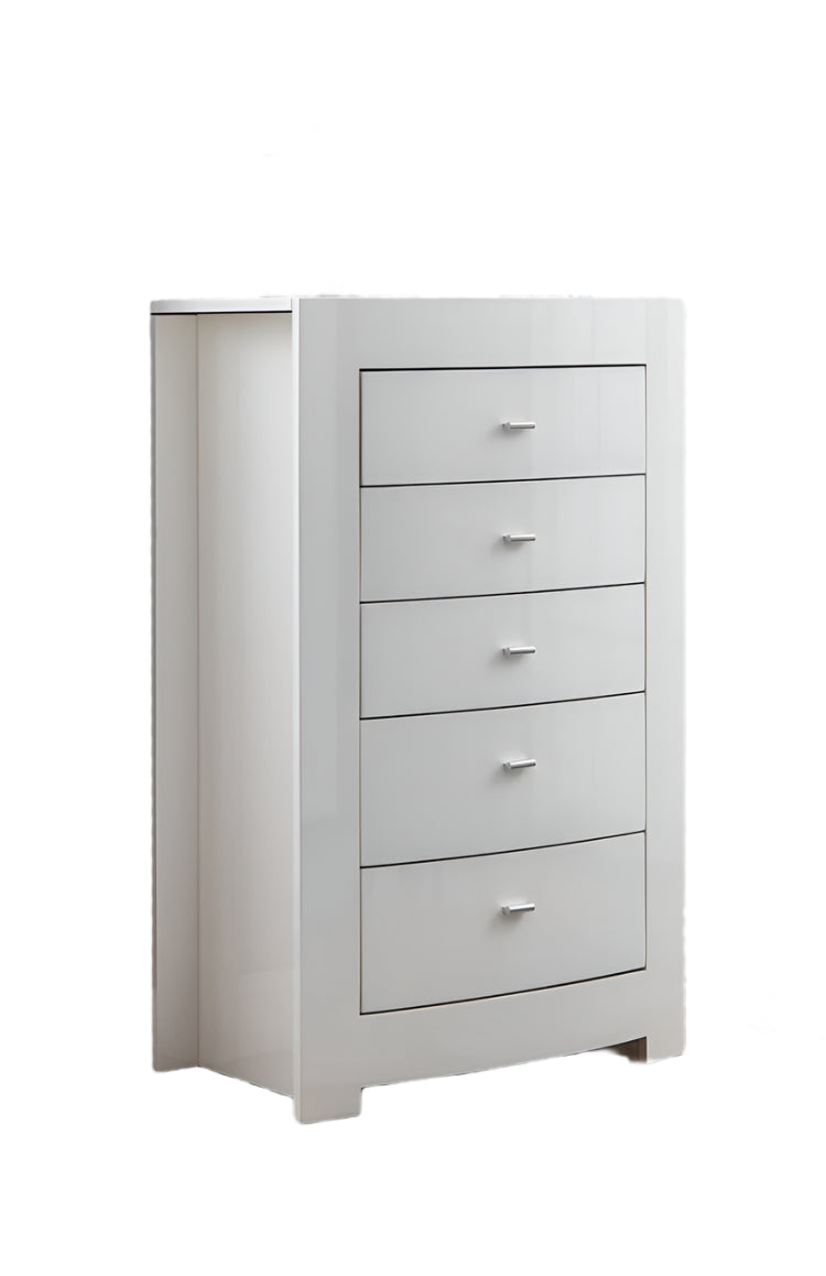 "BARCELONA" Chest, High Gloss White, 5 Drawers, Black Glass Top, Pull-up Jewelry Storage