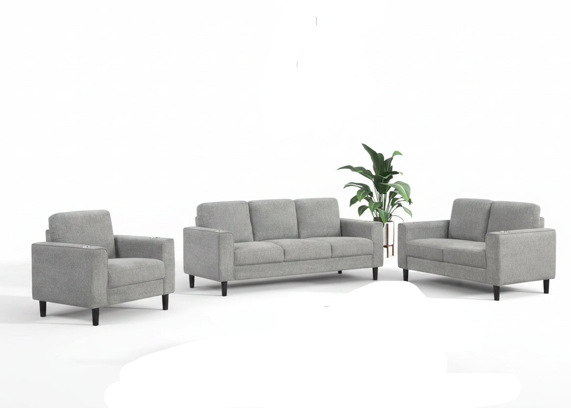 IF-8240 Sofa Set, 3Pc, Grey, Soft-Touch Fabric, Black Legs, Stainless Steel Cup Holders