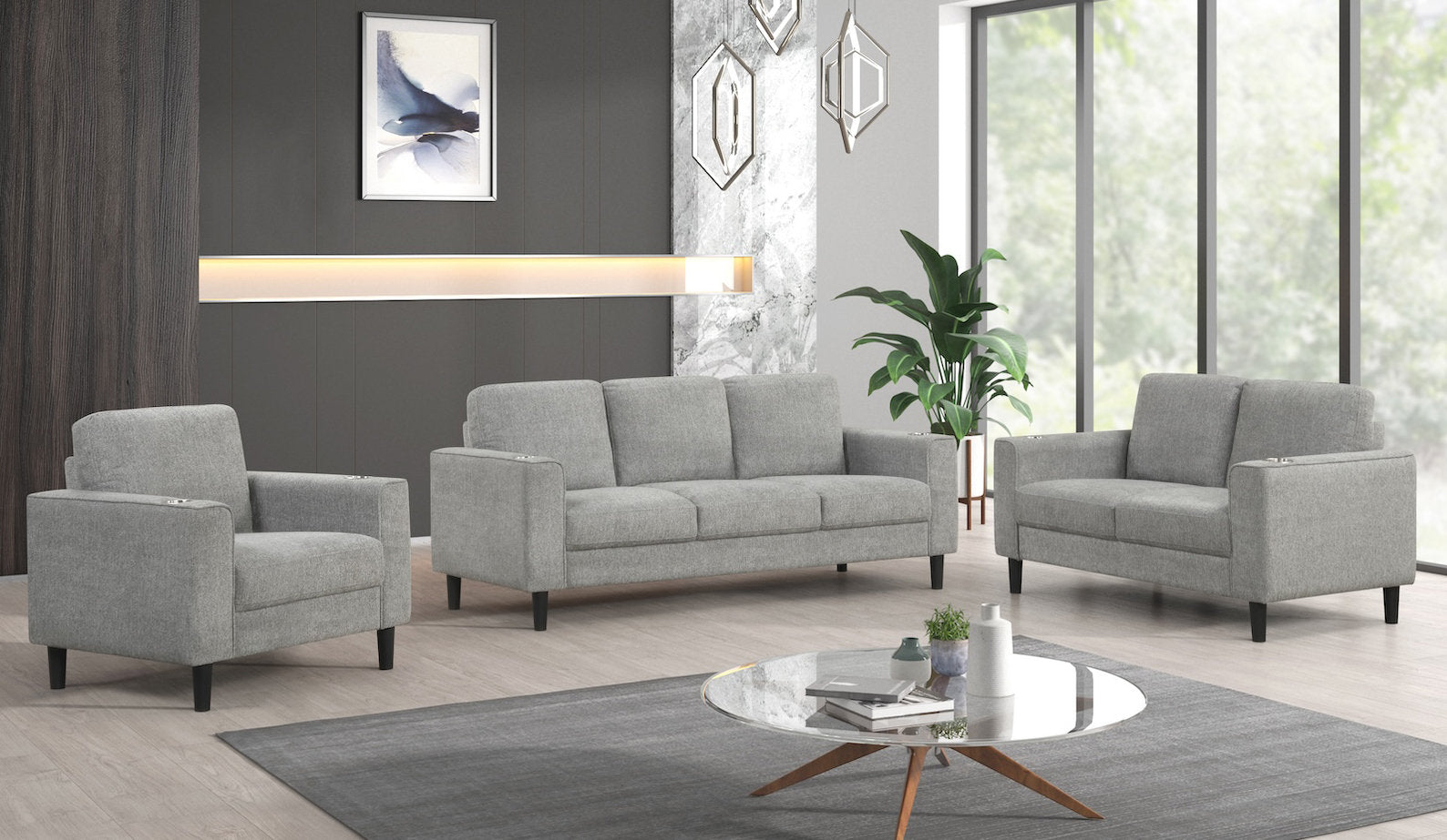 IF-8240 Sofa Set, 3Pc, Grey, Soft-Touch Fabric, Black Legs, Stainless Steel Cup Holders
