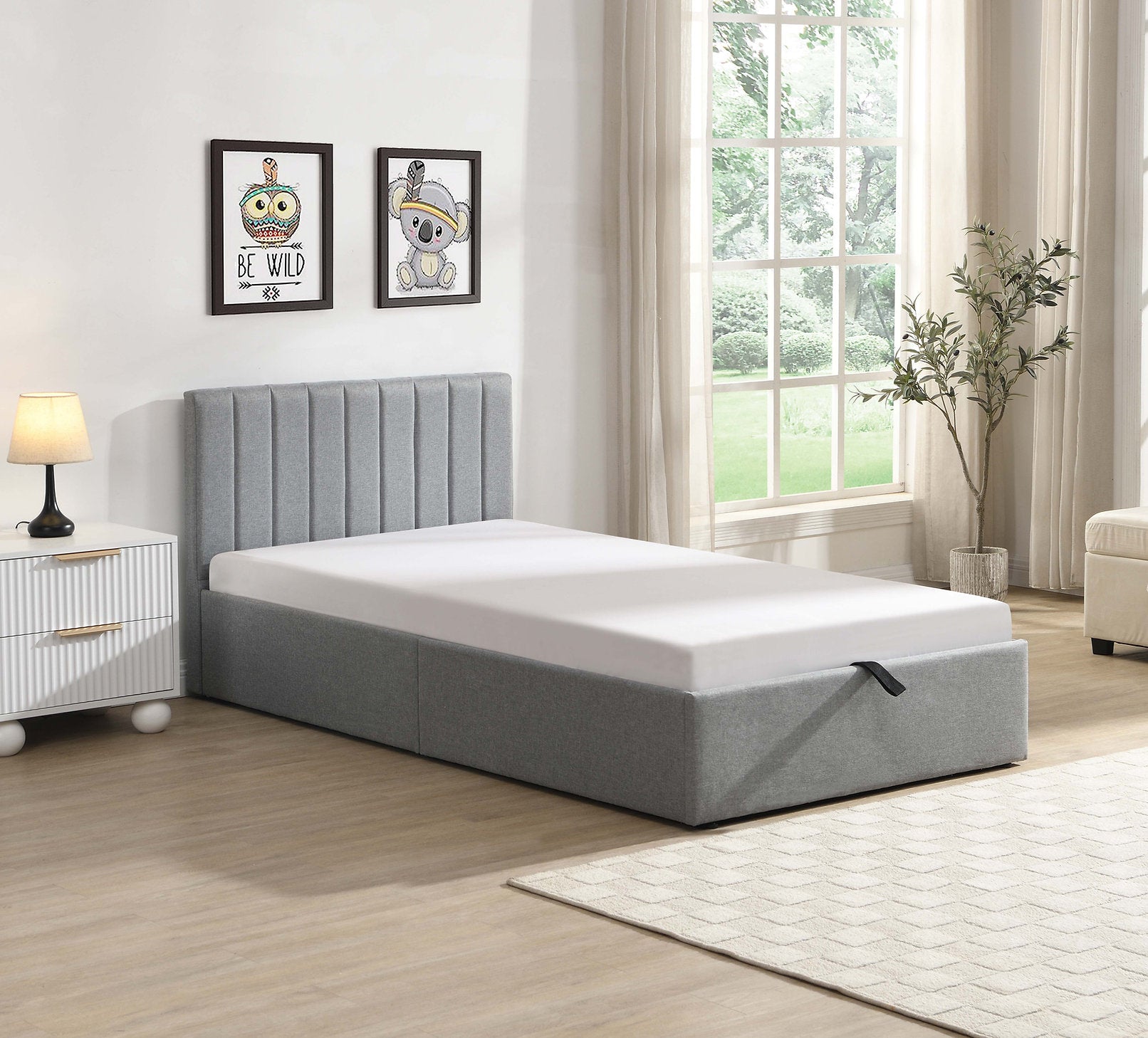 IF-5163 Lift Bed, Grey, Fabric, Vertical Tufting, Under Bed Storage, Hydraulic Lift for Easy Lifting