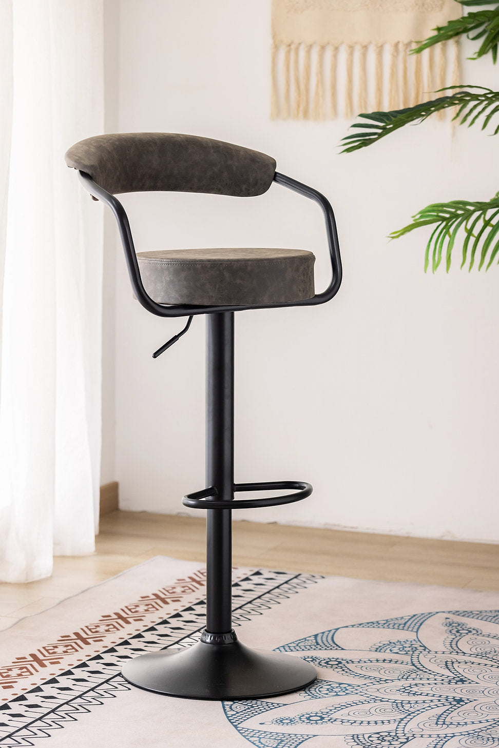 ST-7561 Barstool, Grey Faux Leather, Adjustable Height, Black Base, Footrest