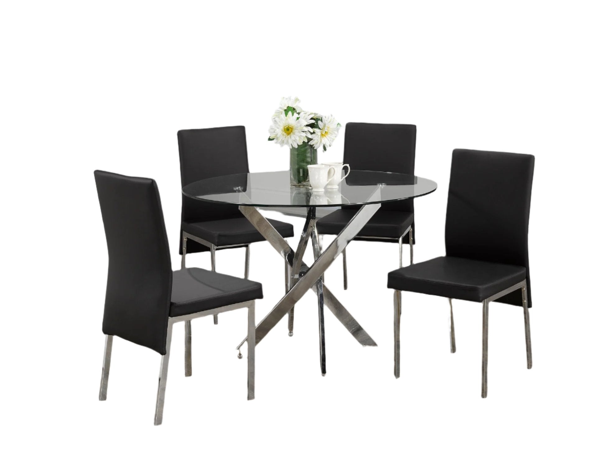 T-1447 | C-5063 - 5Pc Dining Set, 44" Round Glass Table Top with 4 Black Chairs